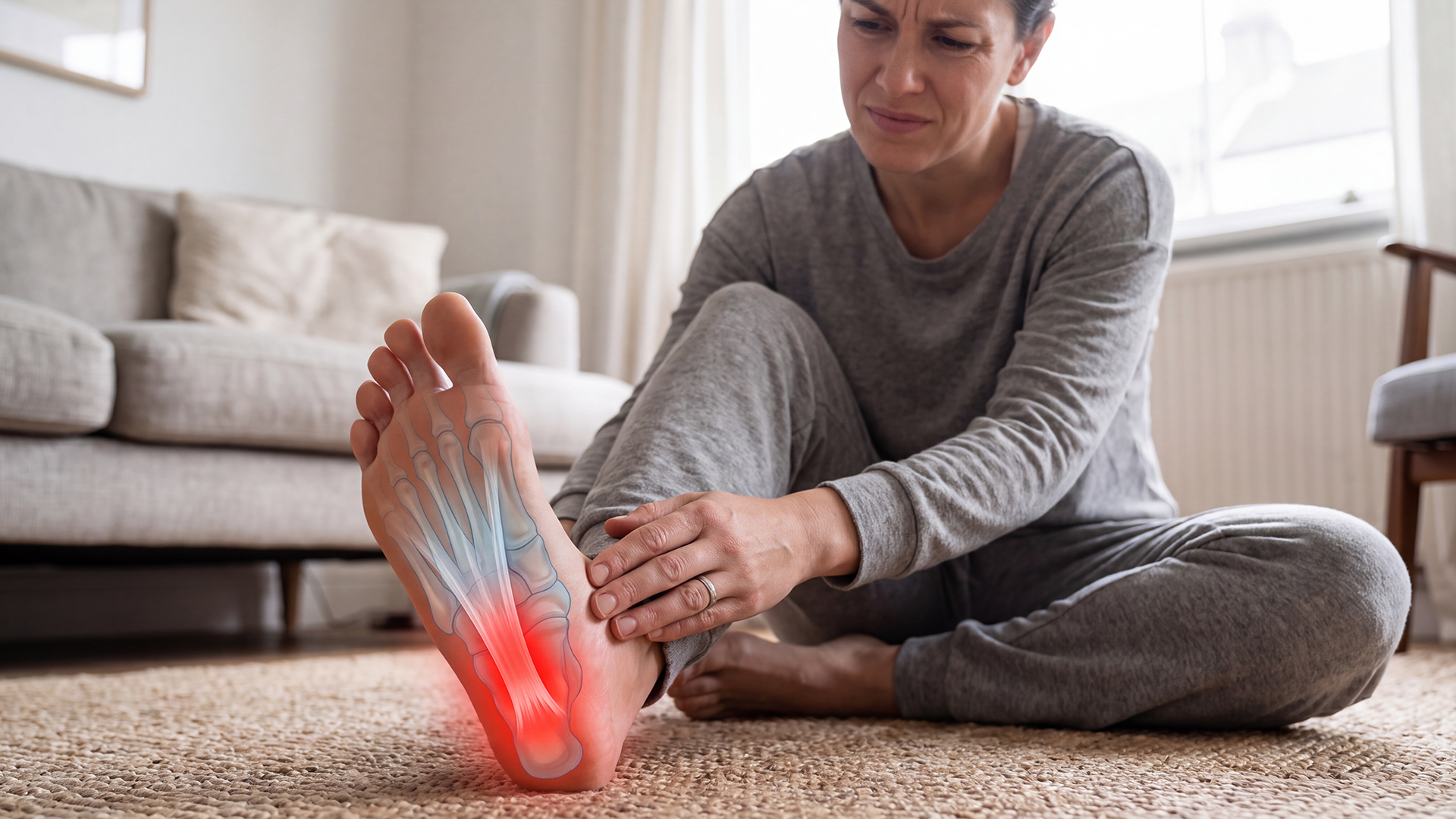Woman sitting on a rug holding her foot, with an illustrated overlay highlighting the plantar fascia