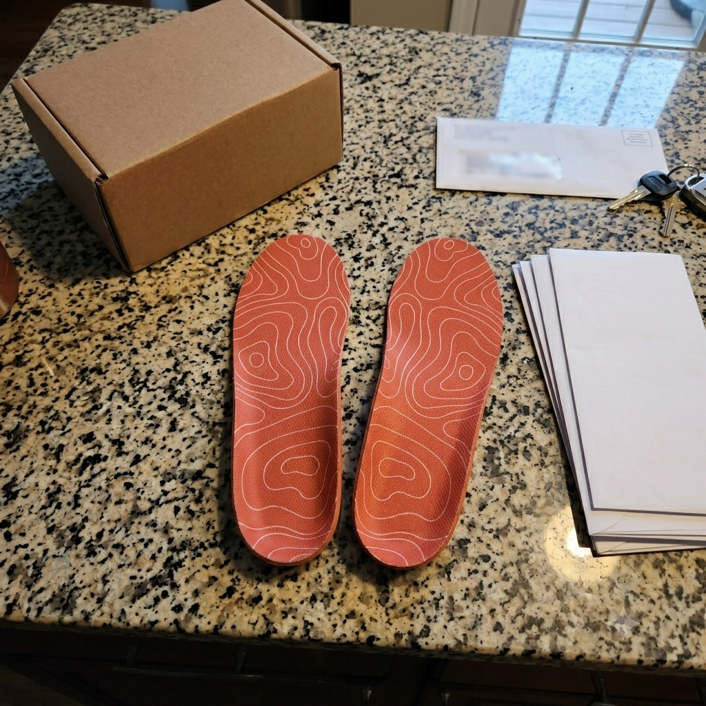 Customer photo of Contour Custom Pro orthotics unboxed on a kitchen counter