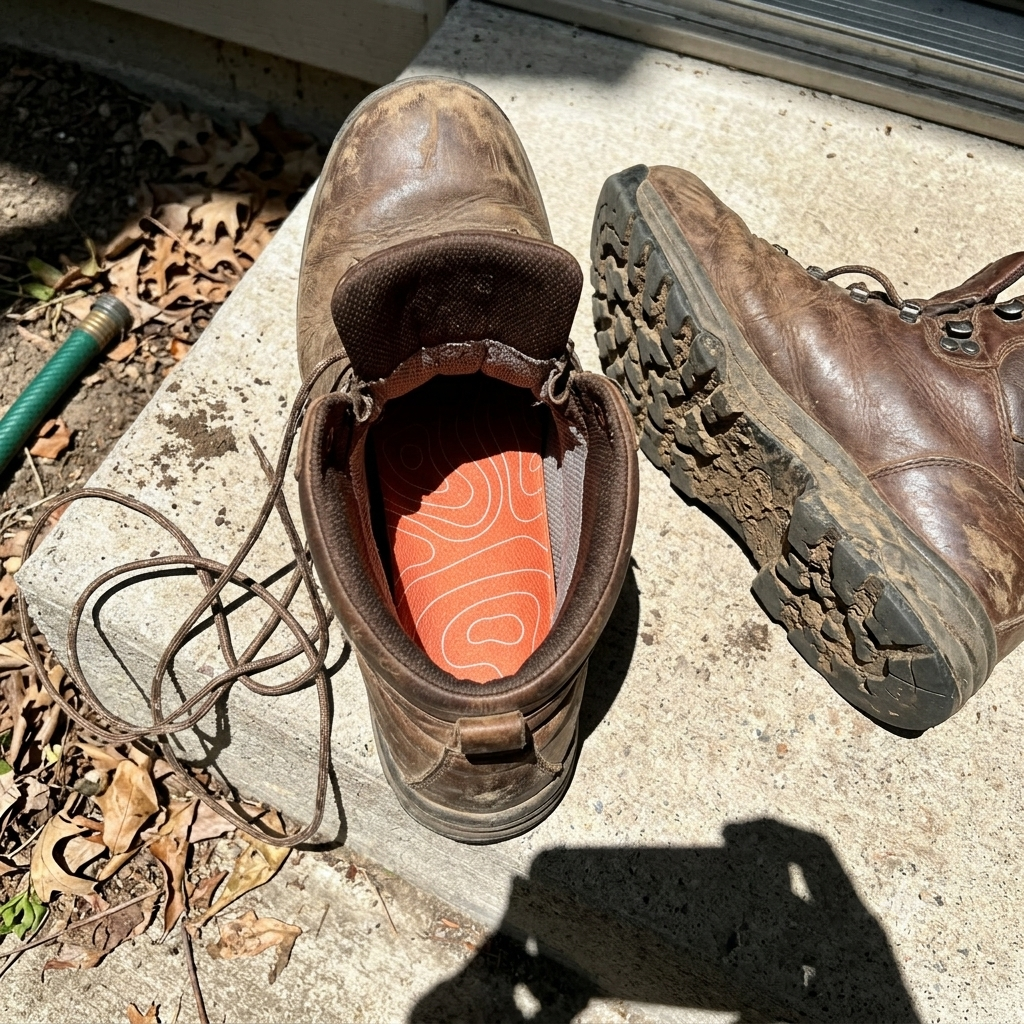 Customer photo of a Contour Custom Pro orthotic inside a well-worn work boot