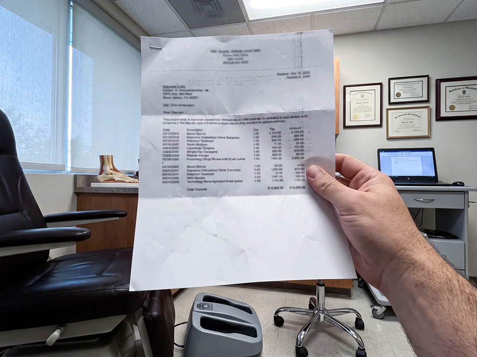 Doctor holding a medical bill showing costs behind prescription orthotics